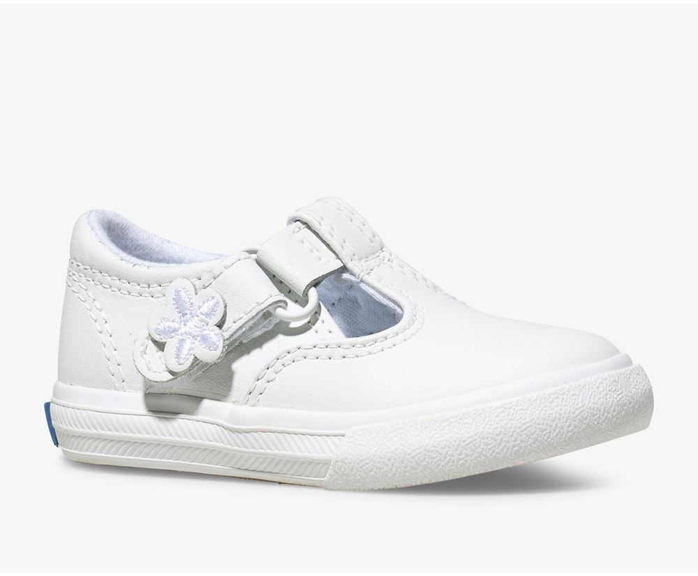 Slip Ons Keds Niños Blancas - Daphne T-Strap Cuero - 136-HSLNUR